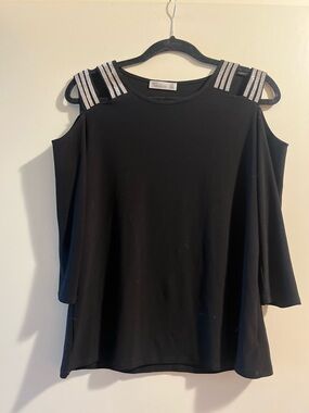 89th & Madison Black Cold-Shoulder Top with Embellished Straps